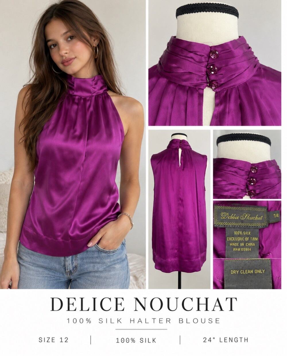 Y2K 2000s Feminine Glam Debbie Shuchat Silk Halter Blouse Size 14 Magenta Purple